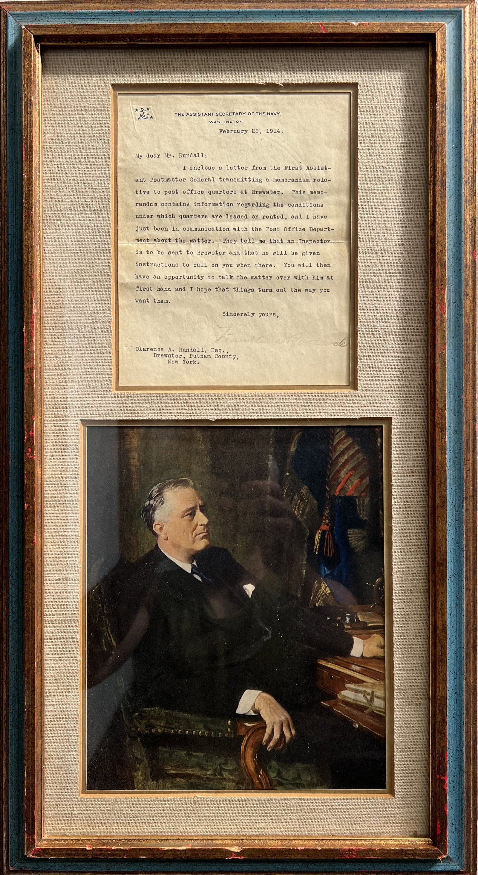Vintage Framed Letter From Assistant Secretary of the Navy,Franklin D. Roosevelt Dated 1914: Delve into a piece of history with this vintage framed letter dated 1914, penned by an Assistant Secretary of the Navy, and featuring the signature of Franklin D. Roosevelt. An original, this medium-s