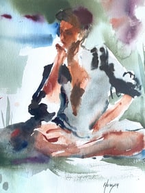 Mary Ann Heinzen (American) "Pensive Women" Watercolor on Paper Framed