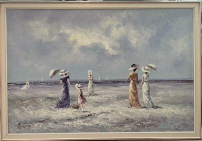 Marie Charlot Impressionist beach scene, original oil painting on canvas