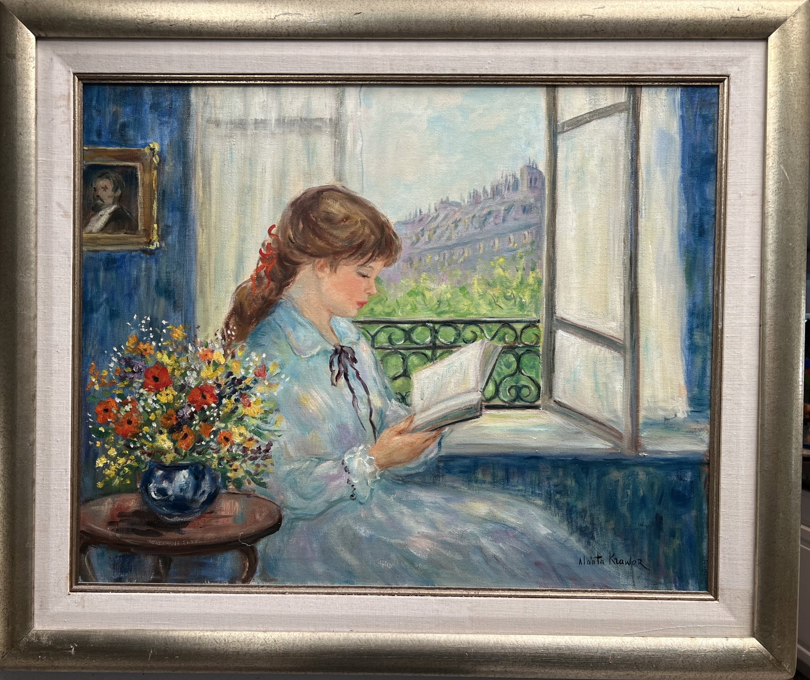 Alanta Krawor Beautiful Vintage French Impressionist Oil Painting: The product is a beautiful vintage Alanta Krawor French Impressionist oil painting featuring a girl reading. This medium-sized framed painting is signed by the artist and is an original piece from the