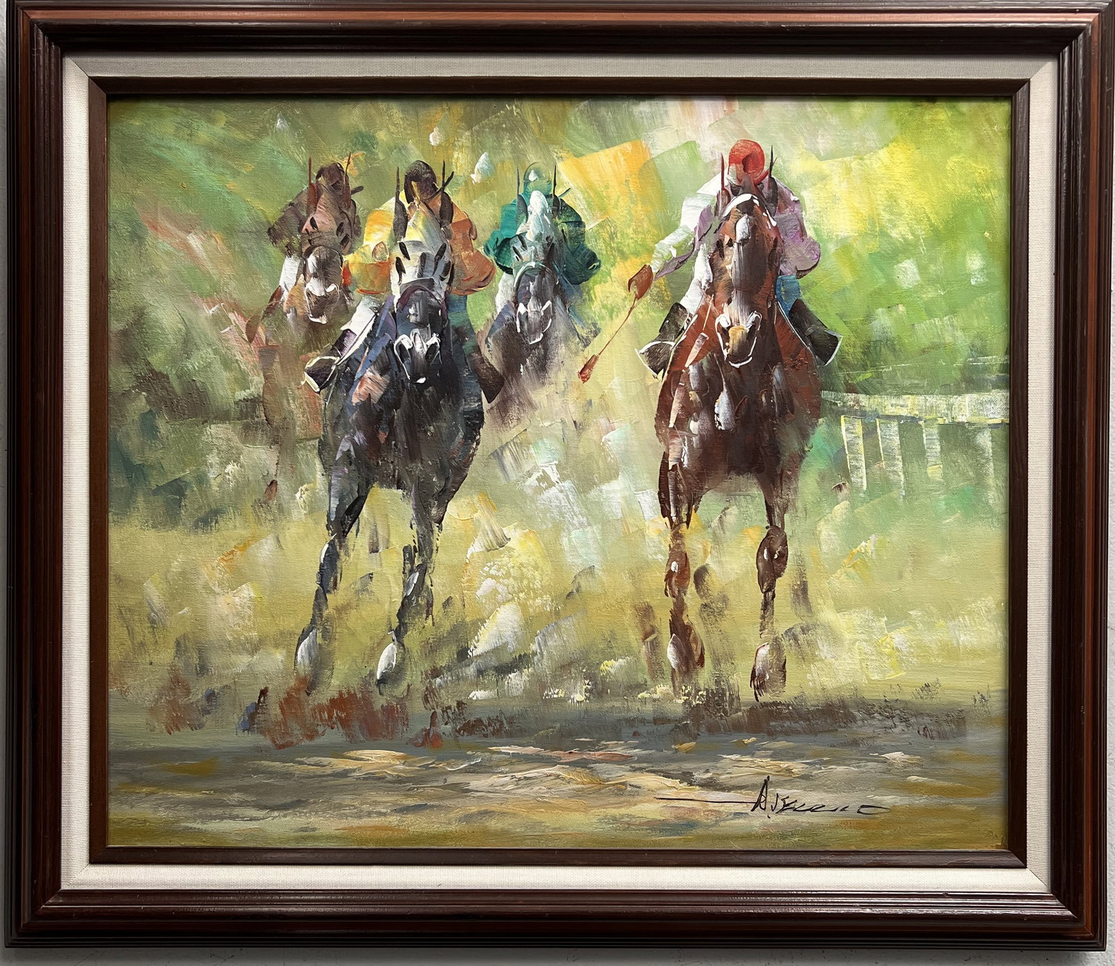 Anthony Veccio (Born 1949) "Dynamic Horse Race" Bold Use of Color ,Impasto,Siged: The product is a dynamic horse race painting by artist Anthony Veccio, born in 1949. It features bold use of color and impasto technique, signed by the artist. The medium-sized painting on canvas depi