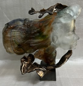 Yves Lohe (B 1947, French) "Le Vent" Young women Head w Bronze & pate de verre