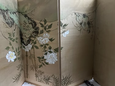 Early 20th Century Asian Hand PaintedFlowers and Leaves on Byobu Folding Screen