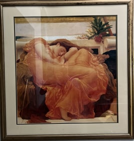 "Flaming June" a Sleeping Women in a Vibantin a Vibrant Orange Gown Framed Print