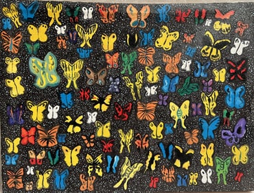 Hunt Slonem Original oil Painting Multiple Butterflies Against a Dark Bachground