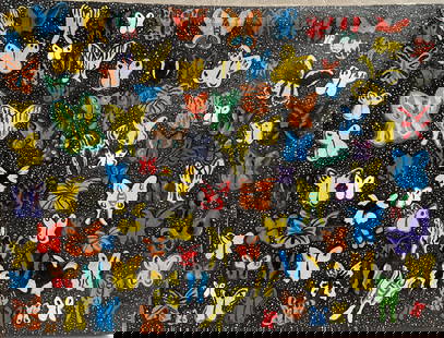 Hunt Slonem Original oil Painting Multiple Butterflies Against a Dark Bachground: The Hunt Slonem original oil painting features multiple butterflies against a dark background, showcasing the artist's unique Neo Expressionist style. This medium-sized artwork is unframed and signed
