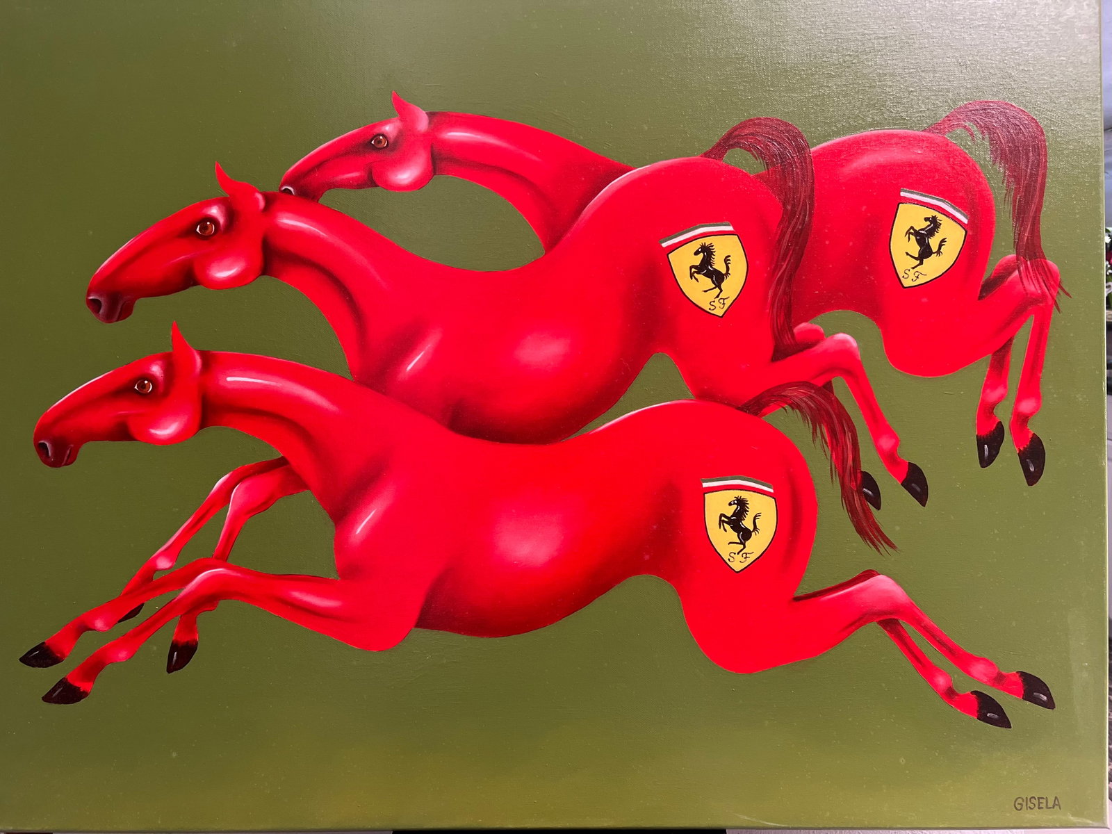 Gisela Pferdekamper "Ferrari Horsepower" Original Oil on Canvas by Listed Artist: The product is an original oil painting on canvas titled "Ferrari Horsepower" by listed artist Gisela Pferdekamper. This large painting features a unique blend of cars and horses, showcasing the artis