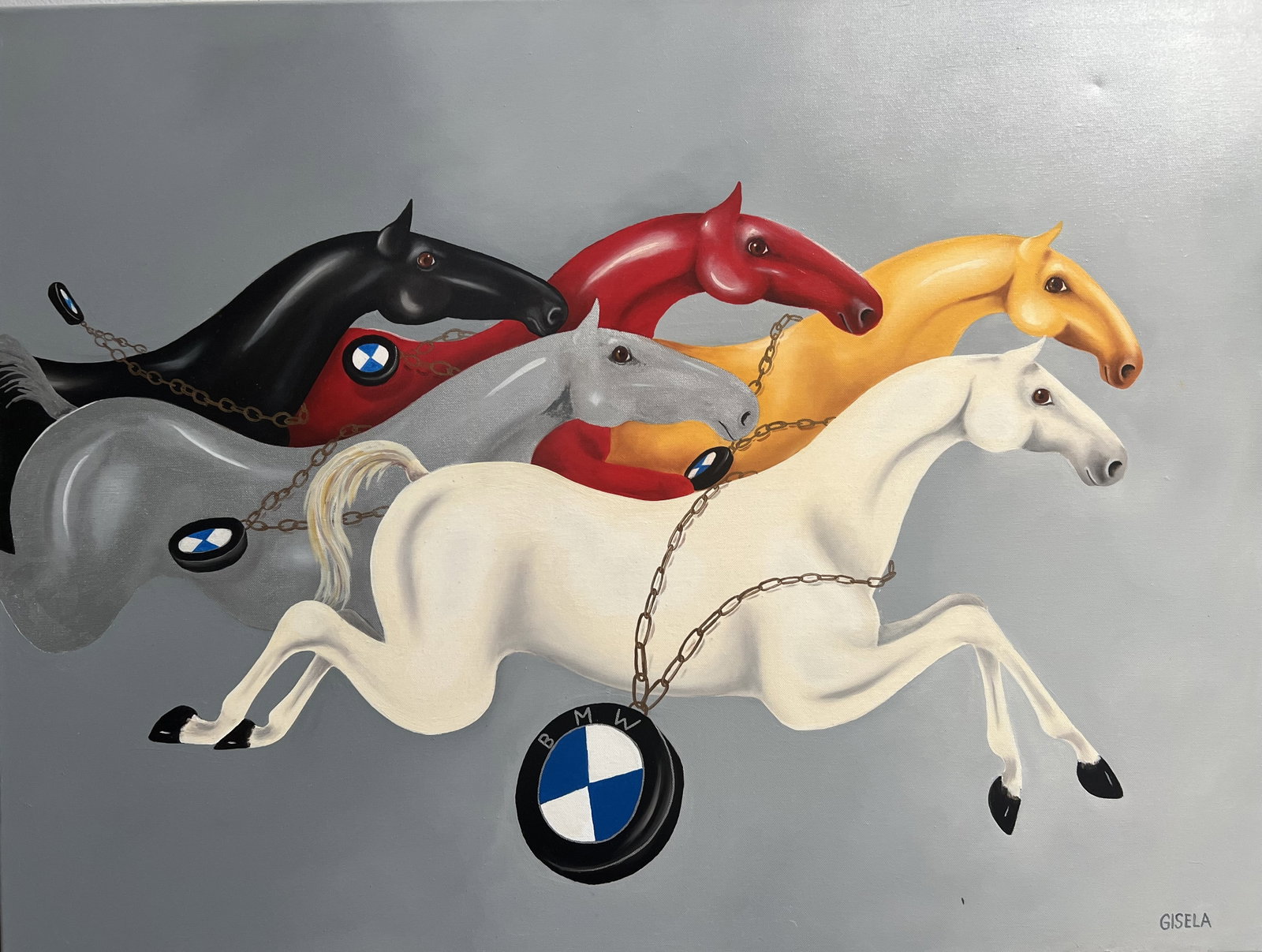 Gisela Pferdekamper BMW Horsepower" Original Oil on Canvas by Listed Artist: The product is an original oil on canvas painting titled "BMW Horsepower" by listed artist Gisela Pferdekamper. This large, signed artwork depicts a unique blend of cars and horses, reflecting an Art 