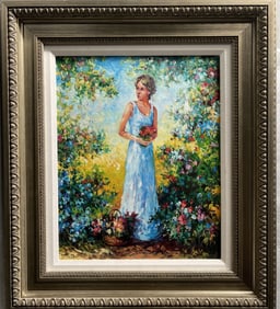 Igor Semeko "Lady in White With Flowers" Original Oil on Canvas