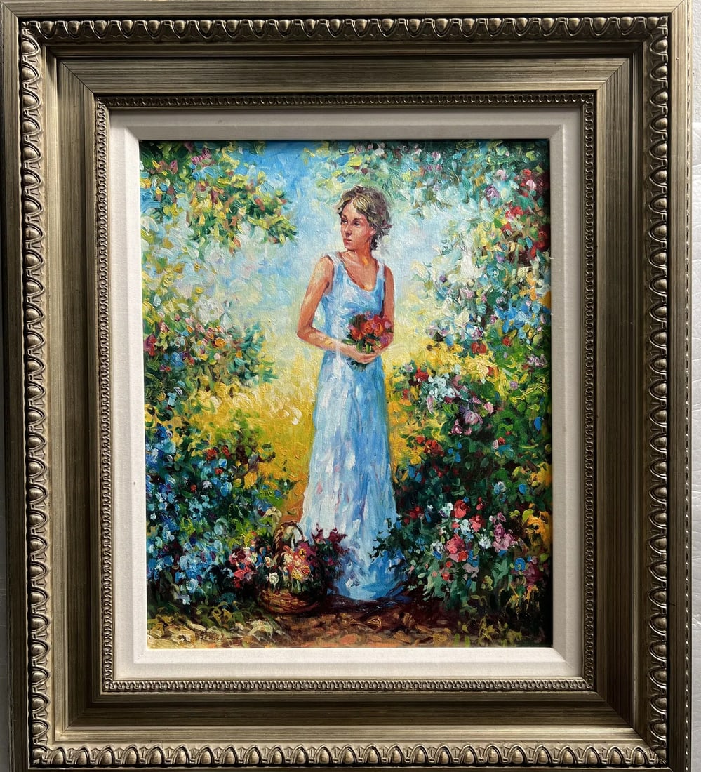 Igor Semeko "Lady in White With Flowers" Original Oil on Canvas: Delve into the elegance of Igor Semeko's "Lady in White With Flowers," an original oil on canvas that brings a touch of Art Deco sophistication to any collection. This large piece, signed by the artis