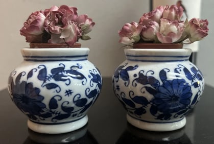 Antique pair Chinese Blue and White Small Vase or Candle Holders 2.5" T 3" W