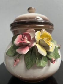 Vintage Large Italian Capodimonte Ceramic Flower Decorative Cookie/ Trinket Jar