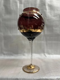 Vintage Empoli Amethyst Glass Compote Chalice with Red Coral Stones
