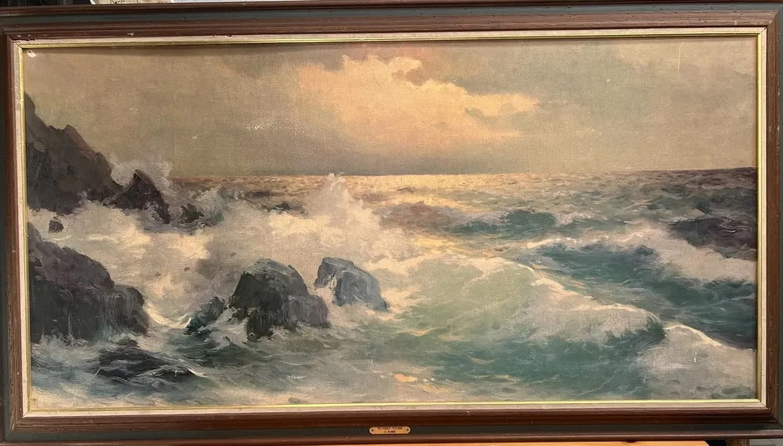LRG VINTAGE ORIG NAUTICAL SEASCAPE "SUNSET TIDES"BY C.ROSSI OIL /BOARD PAINTING (1 of 4)