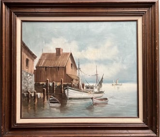 VINTAGE OIL ON CANVAS SIGNED BY THE ARTIST CRYSTAL , BOATS AT THE HARBOR