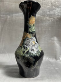 Vintage Asian Black Lacquerware Vase Late Mid Century