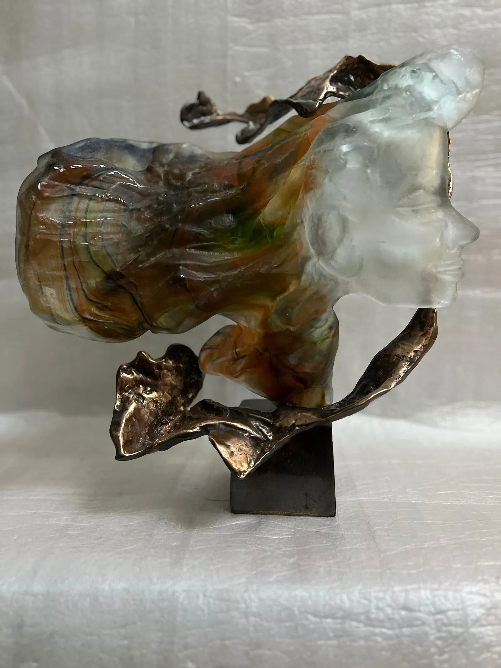 Yves Lohe (B 1947, French) "Le Vent" Young women Head w Bronze & pate de verre