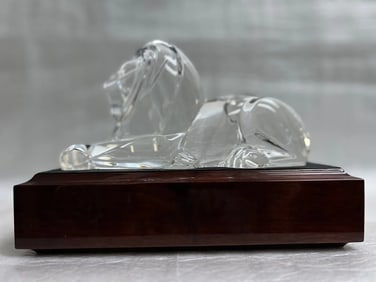 Steuben Crystal Lion Sculpture Designed by Lloyd Atkins in 1996 on a Wooden Base