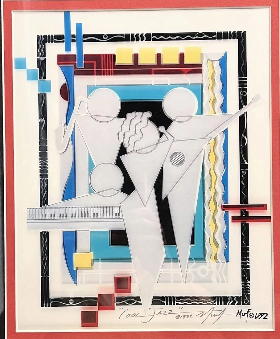 Marvin Murf "Cool Jazz" Created in 1992 Mixed Media South Florida Artist: Marvin Murf's "Cool Jazz" painting, created in 1992, is a small mixed media piece depicting the theme of cool jazz. Signed by the artist, this framed artwork measures 20 inches in height and 16 inches