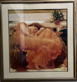 "Flaming June" a Sleeping Women in a Vibantin a Vibrant Orange Gown Framed Print
