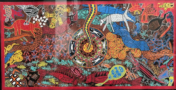 Bulurru "Australia" Authenic Aboriginal Art Tempera on Fabric: The Bulurru "Australia" Authentic Aboriginal Art Tempera on Fabric is a medium-sized painting signed by the artist, showcasing contemporary Aboriginal art in a framed paper material. The painting, cre