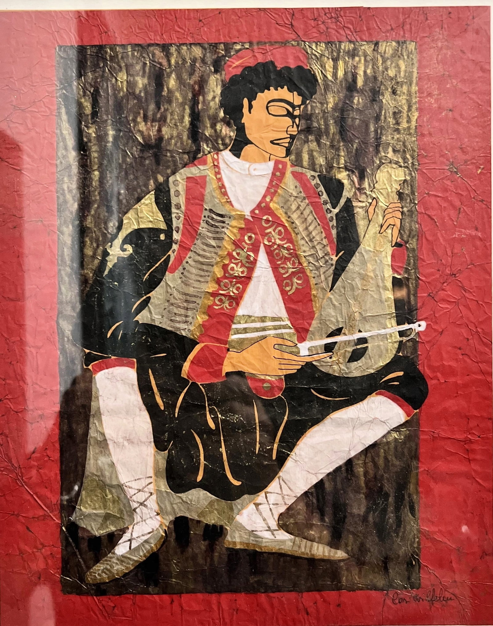 Stunning Figure in Traditional Attire Playing a Stringed Instrument Gold Leaf: This product is a stunning painting featuring a figure dressed in traditional attire playing a stringed instrument, with a gold leaf accent. Created by artist Narodna Nosnja Konavla, this contemporary