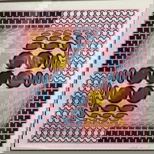 Victor Vasarely (1906-1997) "Pink Composition" 1980 Serigraph Signed w Appraisal: The product is a large landscape print titled "Pink Composition" by artist Victor Vasarely, produced in 1980. It is an original serigraph signed by the artist, accompanied by a certificate of authenti