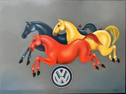 Gisela Pferdekamper " VW Horsepower" Original Oil on Canvas by Listed Artist: The product is a large, original oil painting on canvas titled "VW Horsepower" by listed artist Gisela Pferdekamper. It features a unique combination of cars and horses as its subject, showcasing the