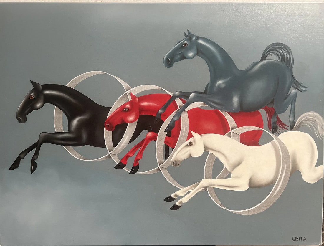 Gisela Pferdekamper " AUDI Horsepower" Original Oil on Canvas by Listed Artist: The product is an original oil painting on canvas by listed artist Gisela Pferdekamper titled "AUDI Horsepower." The large-sized artwork features a unique blend of cars and horses, reflecting the arti
