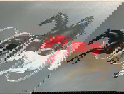 Gisela Pferdekamper " AUDI Horsepower" Original Oil on Canvas by Listed Artist: The product is an original oil painting on canvas by listed artist Gisela Pferdekamper titled "AUDI Horsepower." The large-sized artwork features a unique blend of cars and horses, reflecting the arti