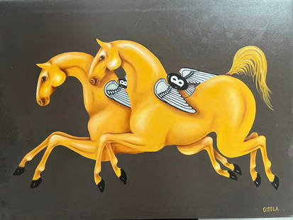 Gisela Pferdekamper "Bentley Horsepower" Original Oil on Canvas by Listed Artist: The product is an original oil painting on canvas by listed artist Gisela Pferdekamper titled "Bentley Horsepower." This large painting, measuring 30 inches in height and 40 inches in width, features