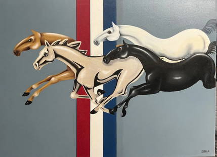 Gisela Pferdekamper Mustang Horsepower" Original Oil on Canvas by Listed Artist: The product is a large, original oil painting on canvas titled "Mustang Horsepower" by listed artist Gisela Pferdekamper. Created in 2017, this one-of-a-kind artwork features a unique fusion of cars a