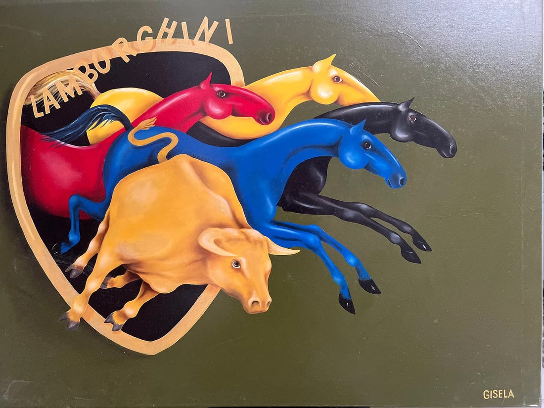 Gisela Pferdekamper Lamborghini Horsepower" Original Oil on Canvas by Listed Artist: The product is an original oil painting on canvas by artist Gisela Pferdekamper titled "Lamborghini Horsepower." This large, unframed piece was signed by the artist and produced in 2017 using acrylic 