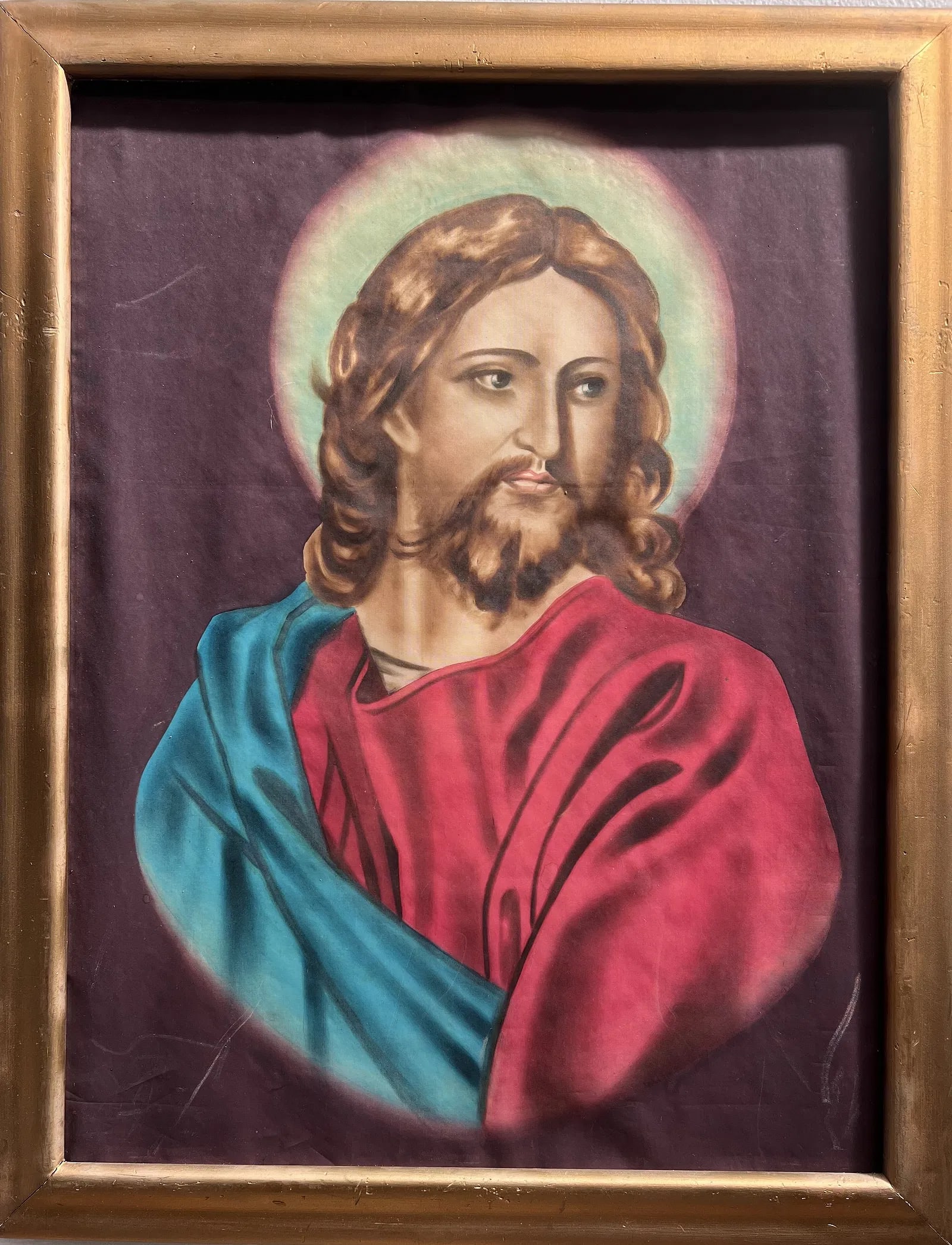 Portrait of Jesus Christ , Watercolor on Silk: Delve into the serene portrayal of Jesus Christ in this original watercolor painting, a testament to the artist's mastery of realism. Rendered on a luxurious linen canvas, the piece is framed, ready t