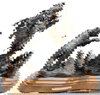 VIC PAYNE "In the Land of the Wile & Lonesome" Bronze Statue w Coa and Appraisal: The VIC PAYNE "In the Land of the Wile & Lonesome" Bronze Statue is a large and signed sculpture depicting a horse and figures in a contemporary style. Created in 1997 in New Mexico, USA, this origina