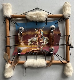 VTG Indian Frame Mandala Picture Indian /Horse Fur Feathers Wall Hanging Native