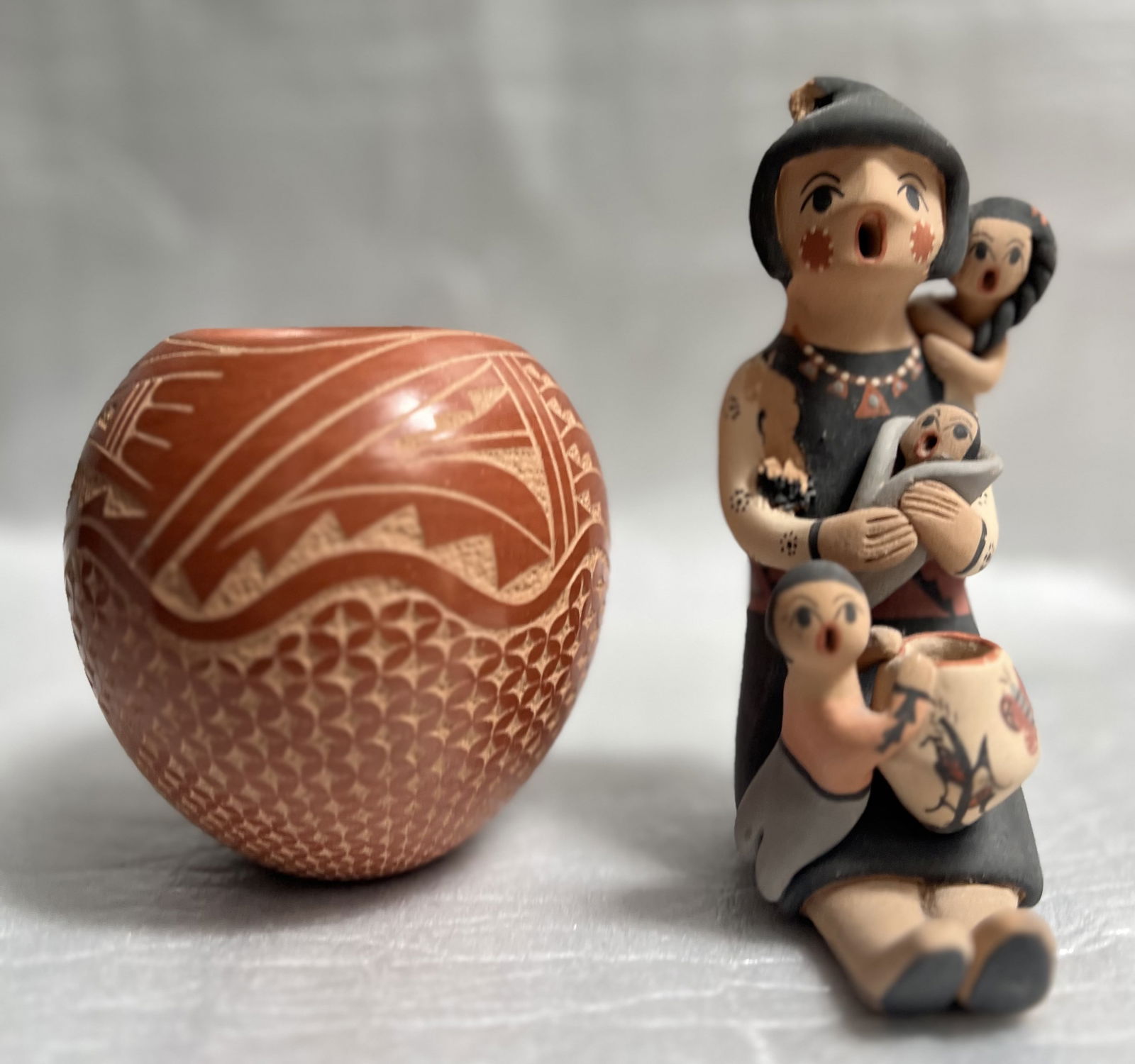 Pair of Nativan American Pottery a Story Teller Statue & A Hopi Vase Both Signed (1 of 3)