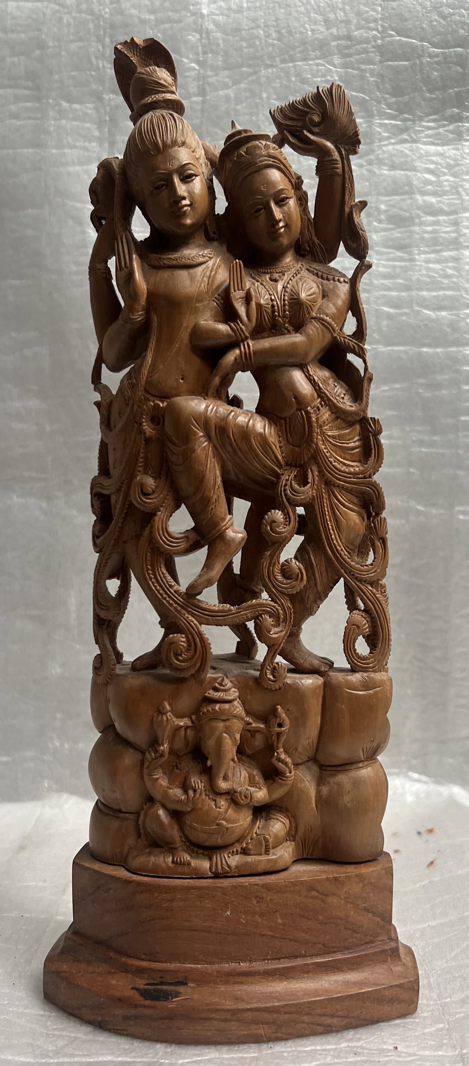 A Hand Carved Wooden Structure Depicting Radha and Krishna: A Hand Carved Wooden Structure Depicting Radha and Krishna, a Divine Hindu Couple 12" T 4" W