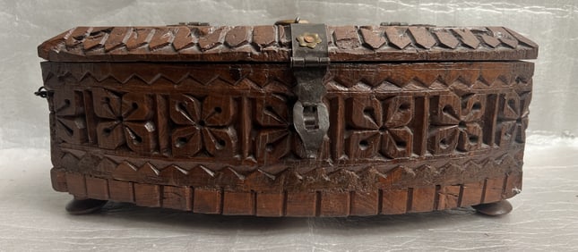 Antique Handcrafted Wooden Trinket-Jewelry Box Intricate Floral Carvings and aged Patina