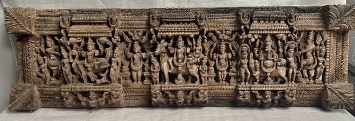 Antique Indian Architectural Hardwood Handcarved Panel Depicts Hindu Deities Circa 18th or 19 C