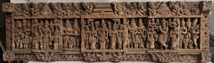 Antique Indian Architectural Hardwood Handcarved Panel Depicts Hindu Deities Circa 18th or 19 C