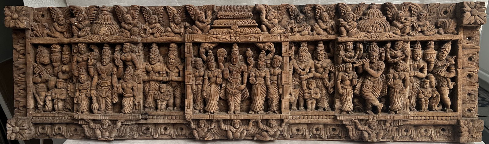 Antique Indian Architectural Hardwood Handcarved Panel Depicts Hindu Deities Circa 18th or 19 C (1 of 6)