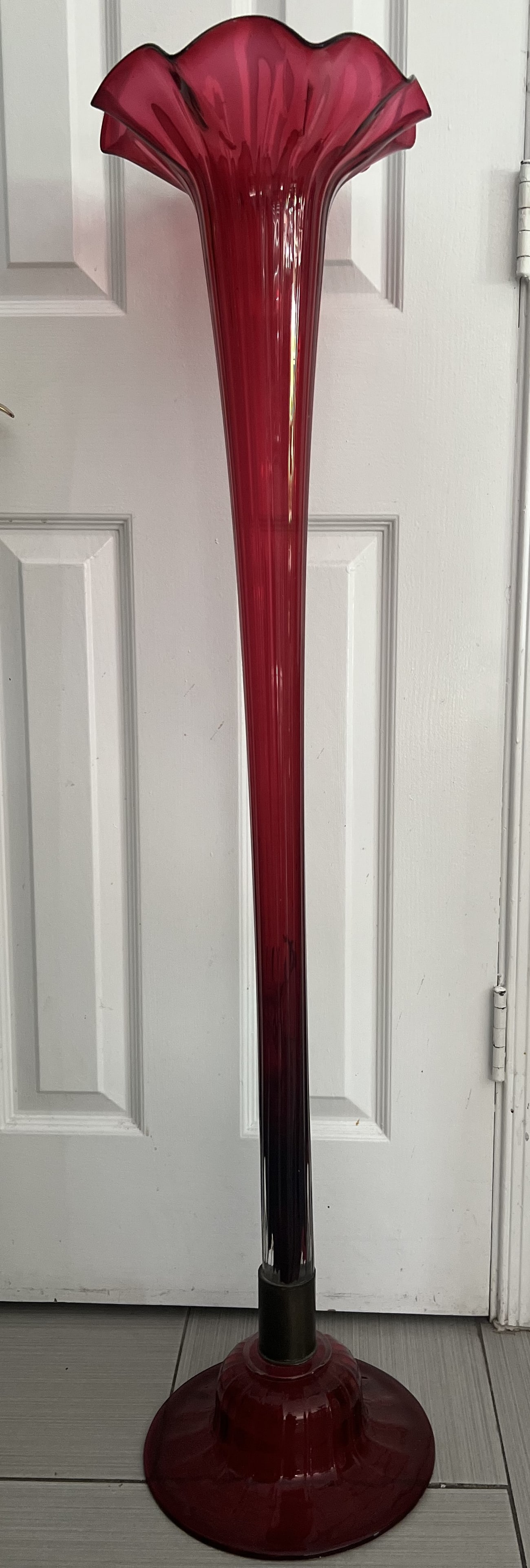 A Tall Victorian Cranberry Glass Epergne: A Tall Victorian Cranberry Glass Epergne an english antique 45" T 8 " W Ribbed Base and Fluted lip