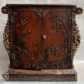 Antique Chinese Lacquered Cabinet Likly from the Qing Dynasty Featuring Hand Carved and Painted