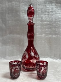 Bohemian Crystal Decanter with 2 Shot Glasses