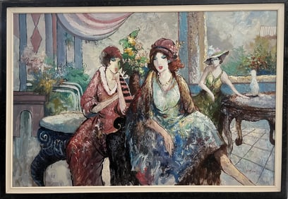 K. Barnes Stunning Large Oil on Canvas "Girls in the Club" Artist signed lower Rt