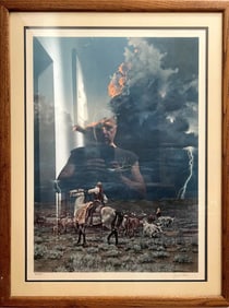 Gordon Phillips Print, Hand Signed & Numbered "Cowbows & Cattle During a Storm"