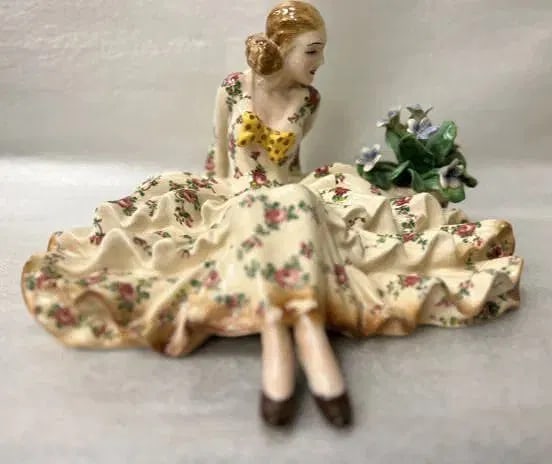 ARTIST SIGNED T. SEBELIN LARGE ITALIAN LADY CERAMIC FIGURINE SITTING NEXT TO FLORAL BASKET (1 of 1)