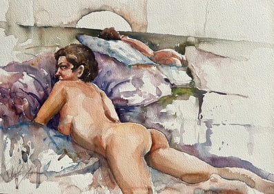 K Mills Original Watercolor on Paper "Study of a Nude"
