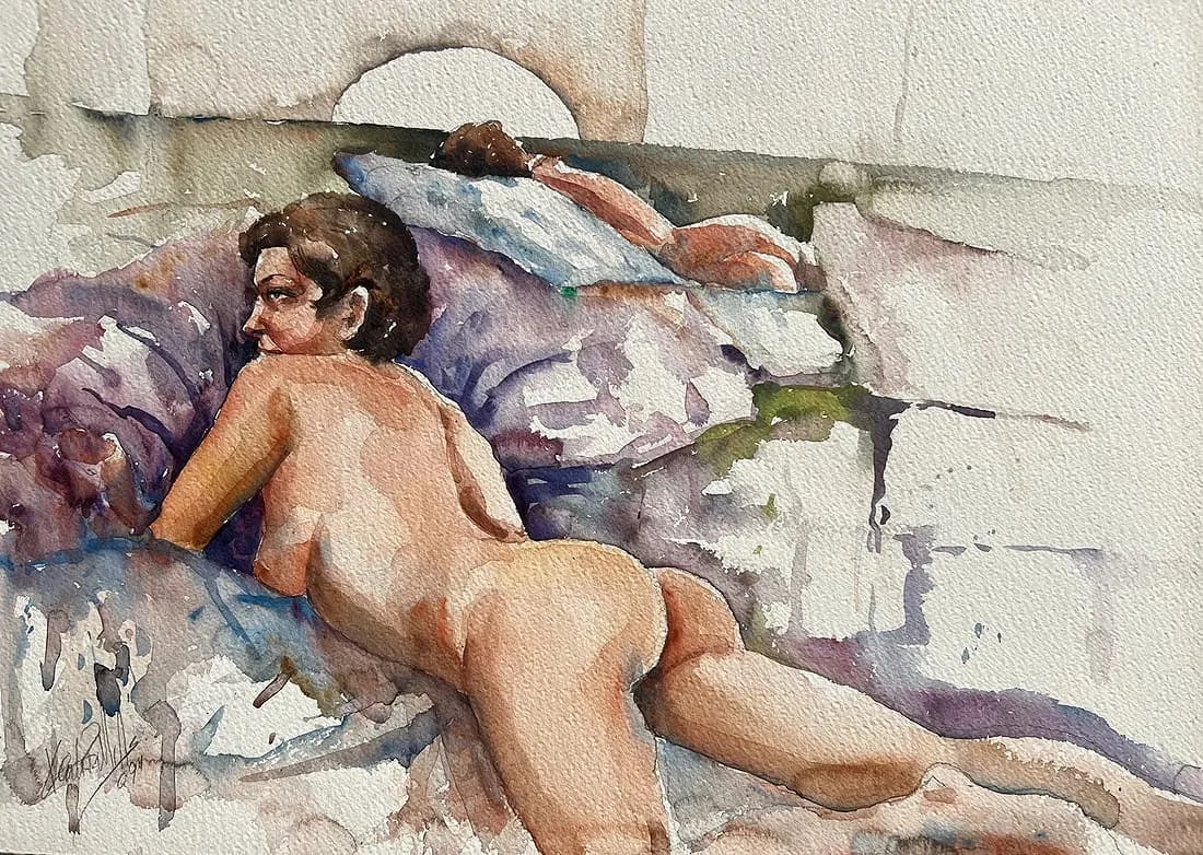 K Mills Original Watercolor on Paper "Study of a Nude": This is a signed watercolor painting on paper depicting a reclining nude figure . The figure appears to be female, lying on her side with her back partially turned towards the viewer . The colors are